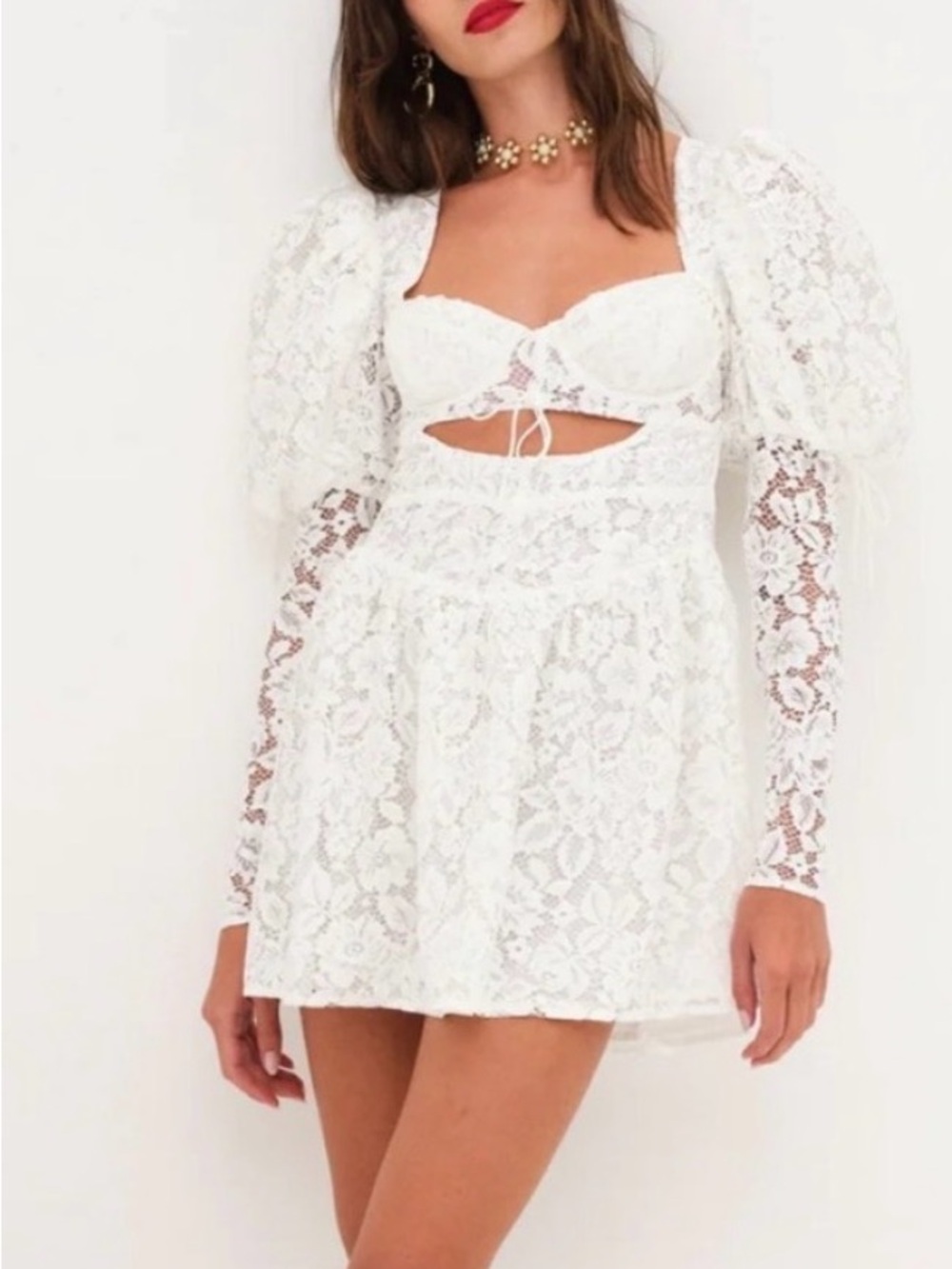 For Love And Lemons White Lace Puff-Sleeve Mini Dress
